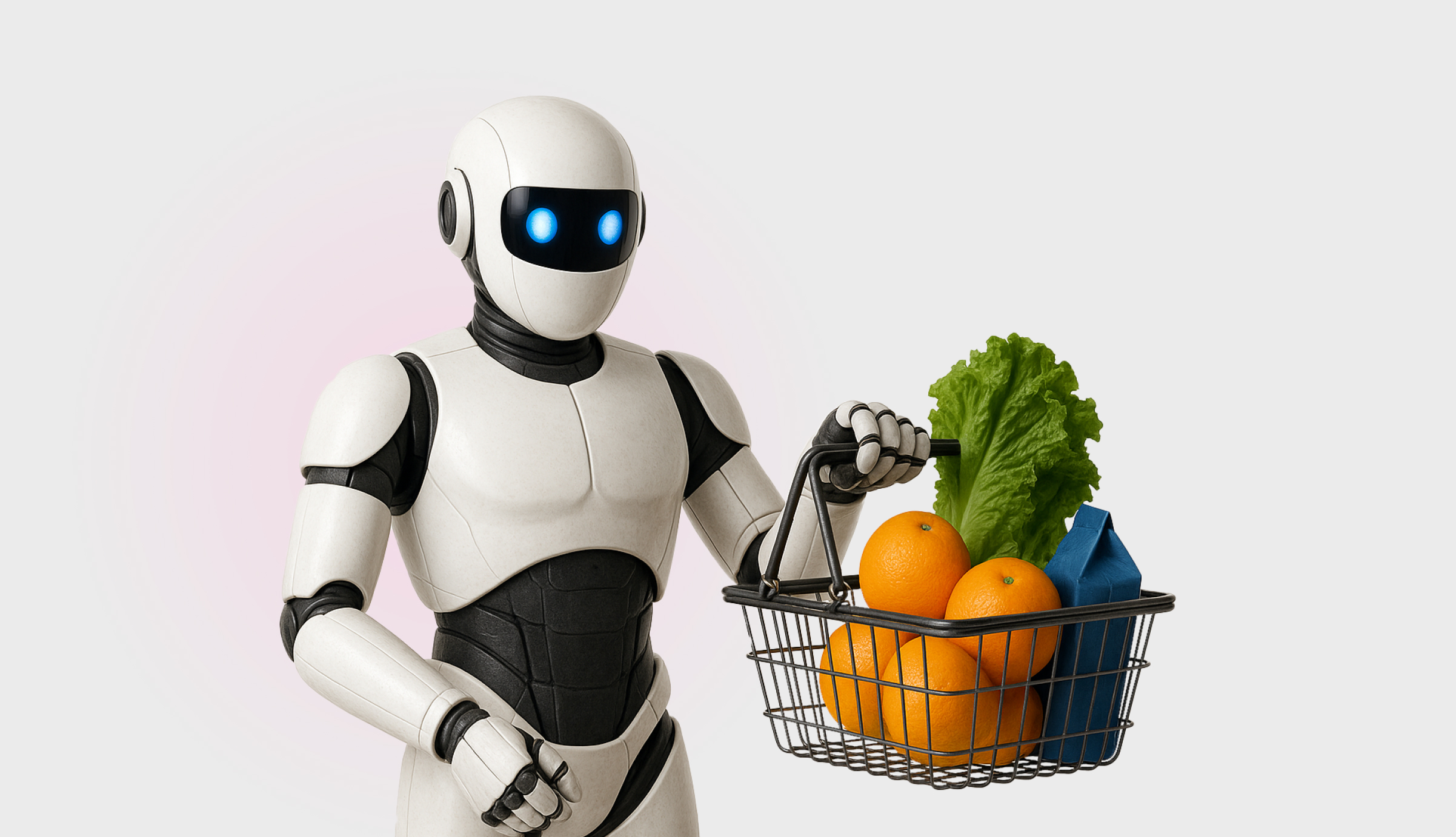 Humanoid robot carrying a grocery basket filled with oranges, lettuce and a milk carton